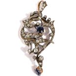 A Victorian silver and gold pendant, set 33 diamonds approx, and 2 natural sapphires in shaped and