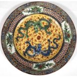 An early 20th century Chinese dish decorated with blue and green dragons on yellow background with