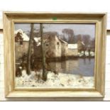 David Gauld 1865-1936:  Buildings by a lake in winter, oil on canvas, signed, 53 x 66cm, framed