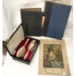 A hallmarked silver 3 piece brush and comb set, cased; a 19th century bible; a Harmsworth New