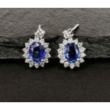 A pair of sapphire and diamond earrings, large sapphire central stones surrounded by diamonds 18k