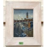 John Pegg (1949-2020):  Manchester scene with bridge over a road, oil on board, signed on reverse,