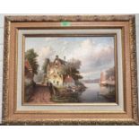 Teo Vrolgk (?) 18th/19th Dutch river landscape with houses and figures by a river, oil on board,