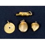 Two small yellow metal lockets; a whistle; an oriental pendant, all unmarked, test as circa 18ct,
