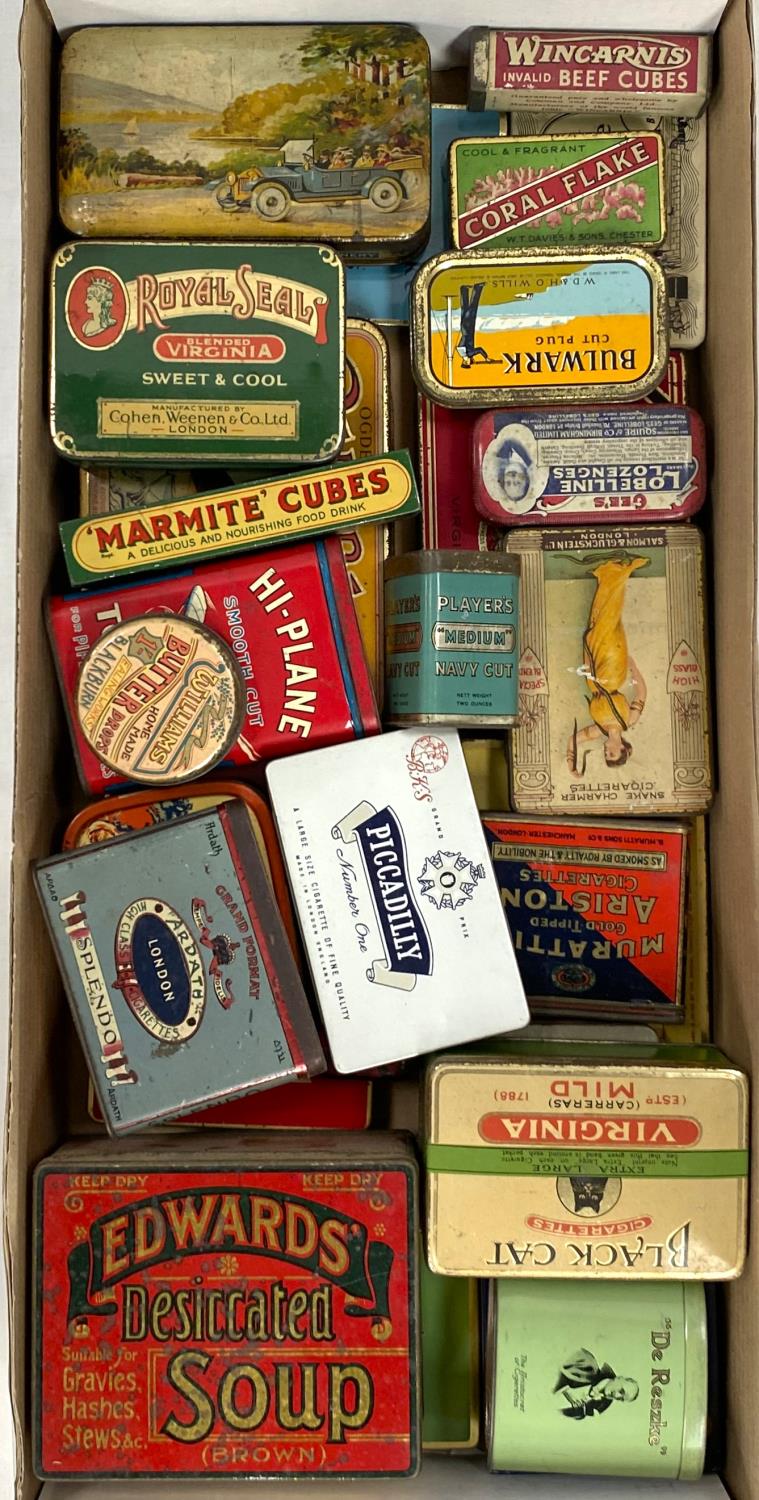 A collection of various vintage tins, Players Navy Cut, Red Breast and others