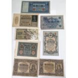 A selection of European banknotes; Germany: 100 marks: 1908, 1910, 1920; 1000 marks 1920, 10000