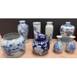 A selection of various blue and white Chinese vases, ginger jars etc