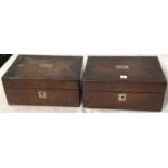 A burr walnut sewing box part fitted with mother of pearl finish, a similar rosewood box