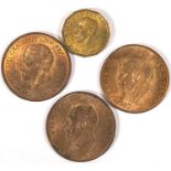 Three lustrous 1935 GV pennies and a 1941 brass threepence