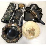 A black lacquer crumb tray and brush; other lacquer items