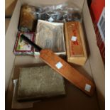 A box of dominoes; a mini signed cricket bat; 3 brass beakers etc