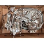 A silver plated gallery tray; 2 silver plated tea sets; other silver plate