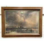George Sheffield, coastal landscape with fishing boats, charcoal sketch signed 55 x 82 cm framed and