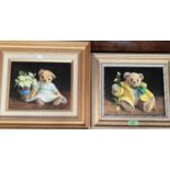 Deborah Jones (1921 - 2012) Teddy bears with flowers, 2 oil on canvas, signed 19 x 24cm