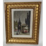 Arthur Delaney 1927-1987:  The Albert Memorial with trams, oil on board, signed, 22 x 14cm, framed