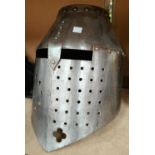 A full size replica steel Crusades style helmet, ht. 34cm
