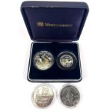 Jersey 2010 Battle of Britain colourised £5 and £2 coins in Westminster box and two 2005 £5 coins,