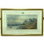 Edwin Earp, coastal landscape with figures and boats, watercolour, signed 22 x 46 cm, framed and