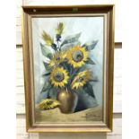 V Majorama:  Sunflowers in a vase, still life, oil on canvas, signed indistinctly, 90 x 60cm,