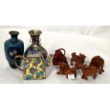 Five modern Japanese netsukes in the form of animals; 2 cloisonné vases; a miniature coffee pot