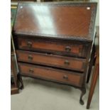 An early 20th century period style mahogany bureau with fall front and 3 drawers, on cabriole legs