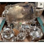A silver plated 4 piece tea set and tray with chased decoration