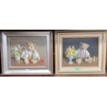 Deborah Jones (1921 - 2012) 2 Teddy bears with flowers, 2 oil on canvas, signed 19 x 24cm, framed