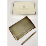 A hallmarked silver engine turned cigarette case by Alfred Dunhill Ltd., with original suede pouch