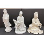 Three Chinese blanc de chine figures of deities, (some areas of damage)