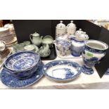 A 1950's Wedgwood "Greenwood" 13 piece part coffee set; a selection of TC blue and white storage