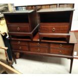 A Stag Minstrel dressing table of 6 drawers; 2 bedside cabinets; a double bedhead