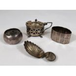 A 19th century continental caddy spoon with shell bowl; 4 hallmarked silver items:  2 napkin