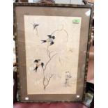 A Chinese silk panel depicting birds in tree with butterflies, framed and glazed; a Japanese print