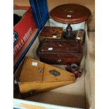 A miniature mahogany pedestal table; a metronome, other boxes etc