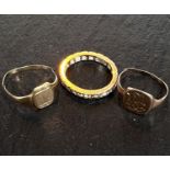 Two child's yellow metal signet rings stamped '9ct' (both a.f.); a yellow  metal gem set eternity