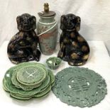 A pair of black King Charles Spaniels (one cracked); a selection of Cabbage pottery; an oriental