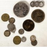 A silver Maria Theresa Thaler coin converted to a brooch, and a selection of other various
