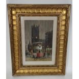 Arthur Delaney 1927-1987:  Manchester Cathedral with No. 19 tram in front, oil on board, signed,