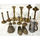 An EPNS hot water jug; 5 pairs of brass candlesticks; other metalware