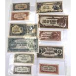 Eleven WW2 period Japanese banknotes: 1 cent to 100 dollars and 1/4 rupee to 100 rupees