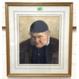 Henry Terry, head and shoulders portrait of old man in black skull cap, watercolour, signed,