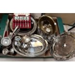 An Art Nouveau silver plated oval bowl; a covered entrée dish; silver plate; boxed cutlery; etc.