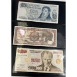 A collection of 60 foreign banknotes in an album: Argentina, Brazil, Turkey, Japan, etc.