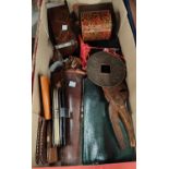 A box camera; a selection of brass weights in box; a novelty nut cracker, leather wallet etc