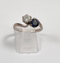 18ct white gold crossover ring set with diamond and sapphire, both brilliant cut approx 5mm