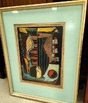 Taduesz Was: 'Still Life' mid 20th century Polish Gouache, abstract scene, signed and titled in