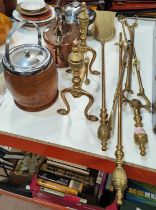 A Georgian style brass fire companion set, a Georgian copper tea pot, biscuit barrel etc