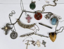 Vintage costume jewellery including a hallmarked silver pierced pendant, an openwork cross, a silver