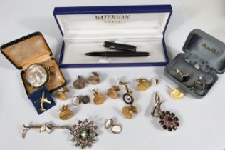A selection of cufflinks, mother of pearl inlaid; others; Cameo brooch and a boxed Waterman pen etc.
