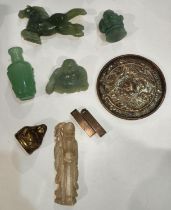 A selection of carved Chinese stoneware items some jade green colour similar Chinese brassware etc